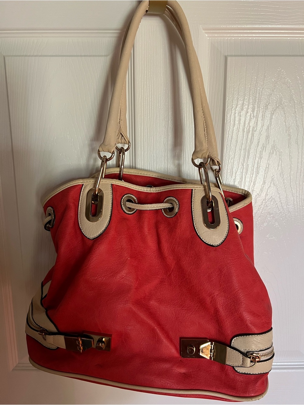 Urban Expressions Red Leather Shoulder Bag with Cream Trim